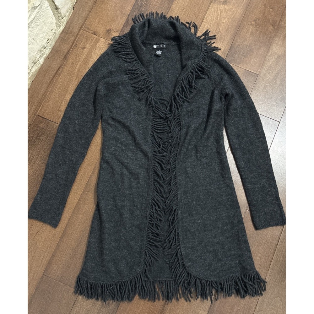 Carole Little Wool Blend Fringe Cardigan Sweater Womens S Longline Charcoal Grey